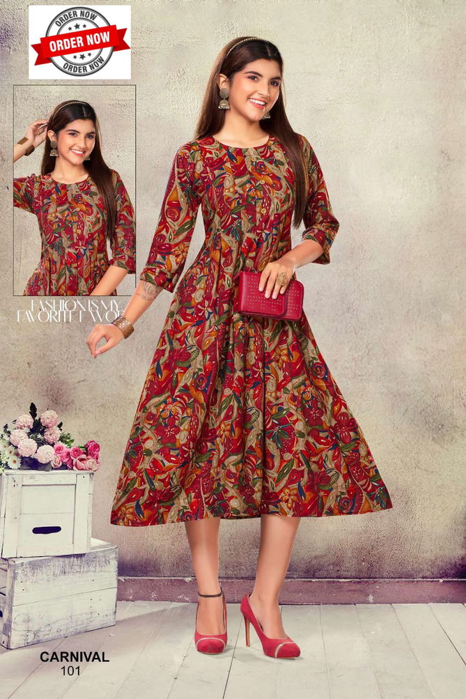 Carnival Vol 1 By Trendy Rayon Printed Anarkali Kurtis Wholesale Market In Surat
